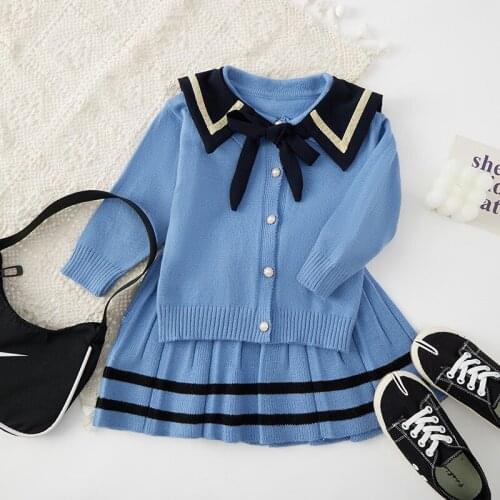 Navy blue 2Pcs Girls Clothing Set spring Long Sleeves Kids Princess Top+ Pleated skirt Birthday School Uniform Clothes 1-8 Y