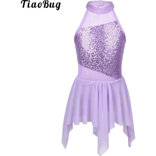 Summer Kids Girls Sleeveless Sequins Cutout Back Leotard Dress For Lyrical Modern Contemporary Ballroom Dance