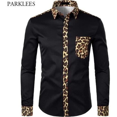 Men Splice Leopard Printed Shirt with Pocket Men Dress Shirt Long Sleeve Men Fashion Brand Mens Button Shirts Camisas Hombre USA