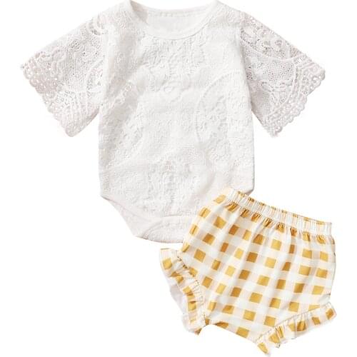 0-18M Cute Infant Baby Girl Clothes Flower Lace Short Sleeve White Top Romper+Plaid Print High Waist Shorts Summer 2pcs