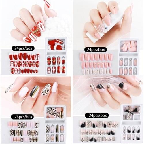 24Pcs/box Fake Nail Tips Detachable False Nails With Designs Set Press on Fake Nails With Gel Glue Manicure Nail Art Decorations