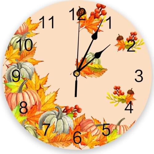Thanksgiving Maple Leaf Fall Pumpkin Vegetable Print Wall Clock Wall Art Silent Round Wall Watch for Home Decortaion Gift