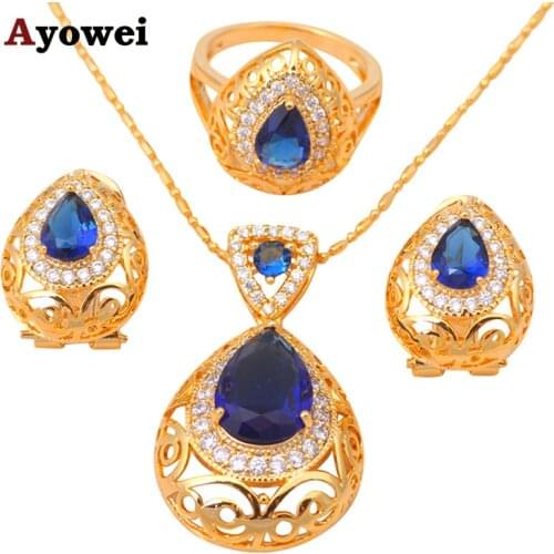 Heart Blue Zircon Gold Tone Zirconia Health Nickel & Lead free Earring Necklace Ring sz #7.5 #6.75 #8.5 Jewelry Set JS307A
