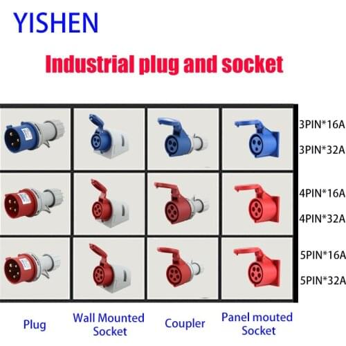 Industrial electric Waterproof Plug and Socket 3 4 pole 5 pin 16A 32A IP44 Wall mounted panel mount sockets coupler 220 380 415V