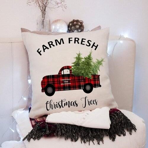 Christmas Decorations Pillow Covers plaid Decor Throw Pillow Cases Retro Truck Cushion Cover 18 x 18 Inch Home Decorative