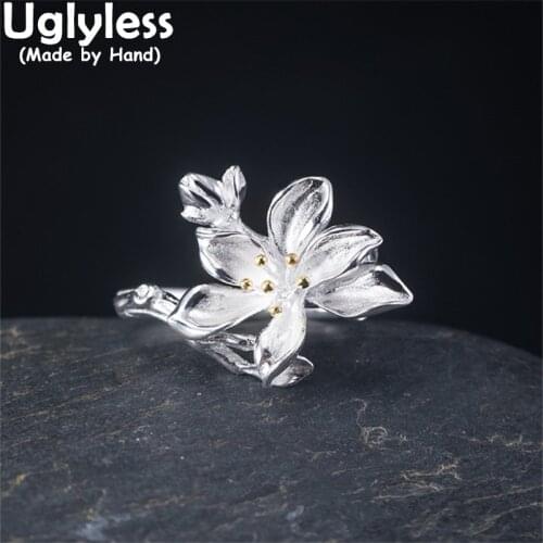 Uglyless Handmade Silver Flowers Rings for Women Real 925 Silver Ethnic Floral Jewelry Eastern Beauty Ethnic Silver Rings Birds