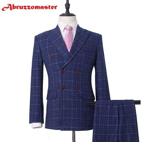 Blue Dinner Suit Double Breasted Wedding suit woolblend Blazer Plaid Suit Groom Tuxedos England Suits(Jacket+pants)