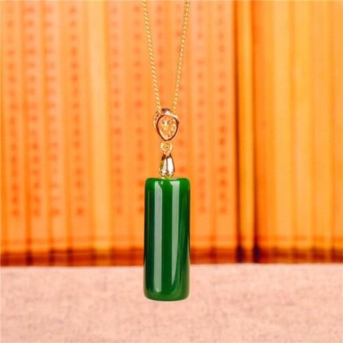 Xinjiang Hetian Jade Charms Woman Green Jade Cylinder Hanging 925 Silver Jade Necklace