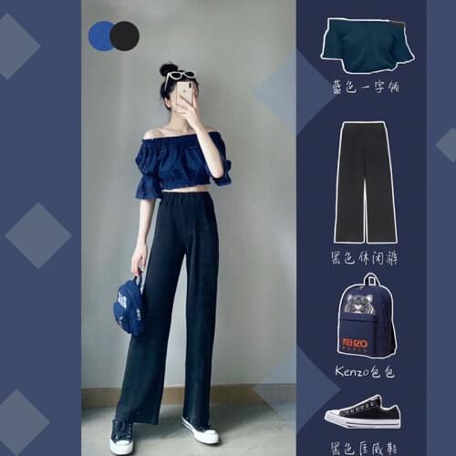 Womens Summer New Style Retro One-shoulder Blouse + Two-piece High-waist Wide-leg Pants