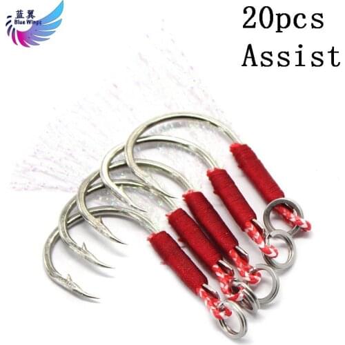 20pcs/lot Assist Hook Barbed Single Jig Hooks Thread Feather Pesca High Carbon Steel Short Assist fishing Hook Slow jigging lure