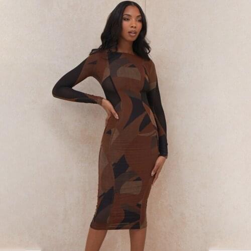 2021 Long Sleeve O-Neck Print Patchwork Mesh Skinny Madi Dress Spring Summer Women Fashion Sexy Party Club Clothings