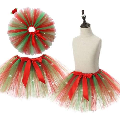 40GC Kids Girls Christmas Red Green LED Light Up Tutu Skirt Elastic Waist Ribbon Bowknot Fluffy Layered Ballet Dance Dress Up