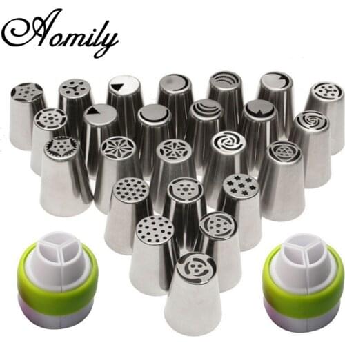 Amoliy 24Pcs Russian Pastry Icing Piping Nozzles Stainless Steel Decorating Tip Cake Cupcake Accessories with 2pcs Converter