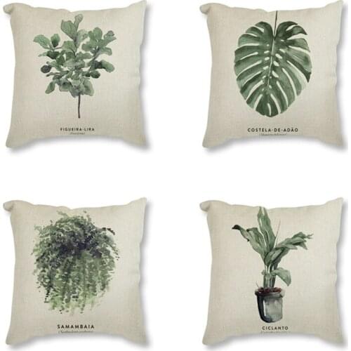 Watercolor Plants Leaves Vintage Painting Printed Decorative Cushion For Sofa Car Nordic Style Throw Pillow 45x45cm Home Decor