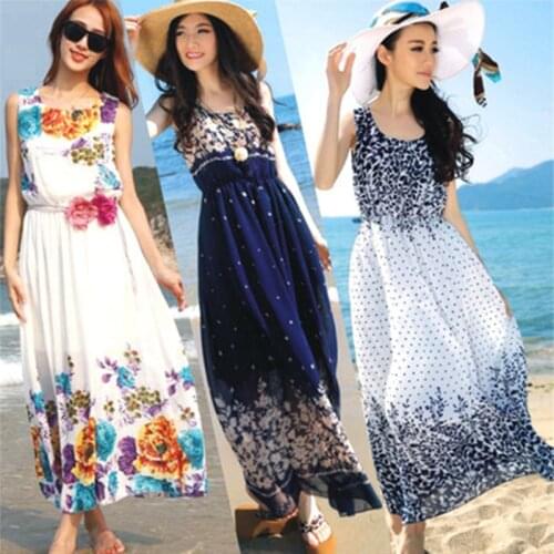 Elegant Ladies Dress 2021 Summer Fashion Floral Bohemian Sleeveless Dress Casual Ladies Beach Vacation Light Womens Long Dress