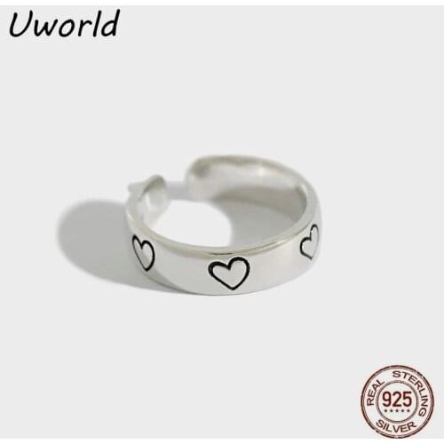 INS Hot Retro Heart carved Silver Ring Adjustable 925 Sterling Silver Open index finger Ring Friendship couple Jewelry