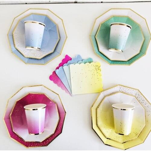 Exquisite Decagon Childrens Birthday Party Set Rose Red Blue Green Yellow Cup Plate Napkin Party Decoration