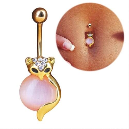 Surgical Steel Cute Animal Opal Fox Dangle navel rings Crystal Navel Bars Gold Belly Button Ring Navel Piercing Jewelry