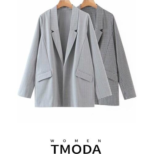 TMODA1057 Za Vintage Women Plaid Basic Jacket Fashion Elegant Ladies Long Sleeve Pockets Suit Coats Female Feminine Chic Outwear