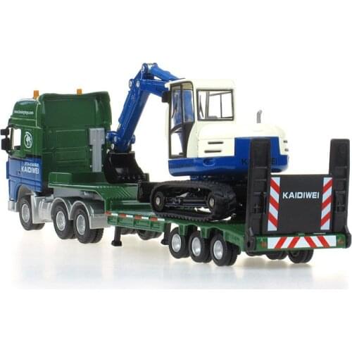 Alloy Diecast Flatbed Trailer+Excavator 1:50 Low Platform Truck Low Loader Tractor Diecast Model Vehicle Hobby Toy For Kid Gift