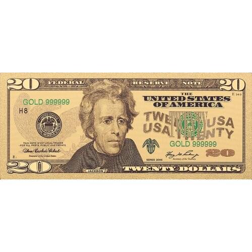 Jackson 20usd American Twenty Dollars Banknote in 24k Gold Plated Money For Christmas Gift Money Card Paper Gifts Pack of 2pcs