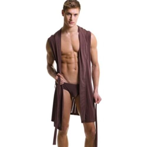 Mens robes comfortable casual bathrobes sleeveless Viscose sexy Hooded robe homewear mens sexy sleepwear lounge clothes