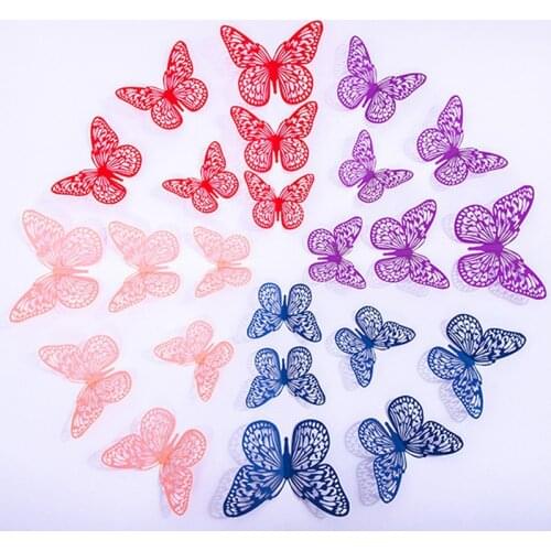 12pcs/set Red Blue Pink 3D Hollow Butterfly Wall Sticker for Wedding Decoration living room Home Decor art Butterflies stickers