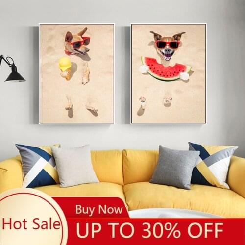 Wall Art Canvas Painting Animal Pictures Red Eye Dog Eat Watermelon Ice Cream Poster for Living Room Decor No Frame