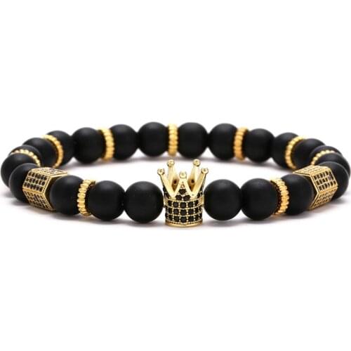 8mm natural round beads matte onyx lazulite imperial stone connected crown & hexagon paved cz charm beaded bracelet unisex