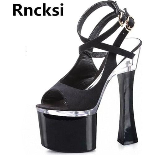 Rncksi Black Sexy Girls 18cm Square Heels Shoes Party Shoes Party Sandals Patform 18cm High Heels Womens Pole Dance Sandals
