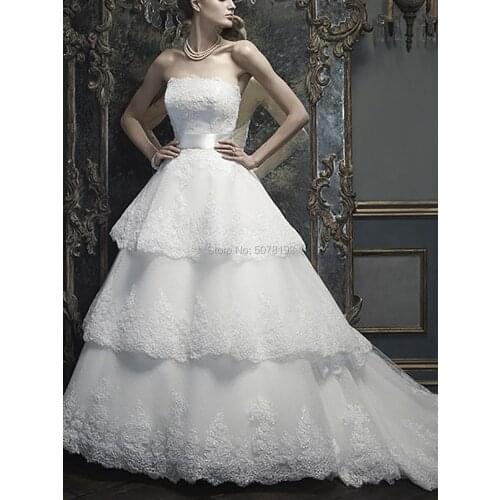 10271 Luxurious White Strapless A-line Floor-Length Tulle Long Wedding Dresses/Formal Gowns Applique&Backless&Bow Free Shipping