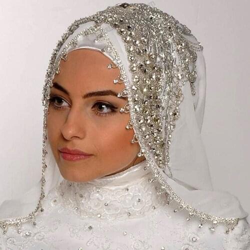 Luxury Sewing Beads Crystal Wedding Veils 2020 White/Ivory Length Wide Muslim Veils Hijab One Layer Handmade Wedding Veil
