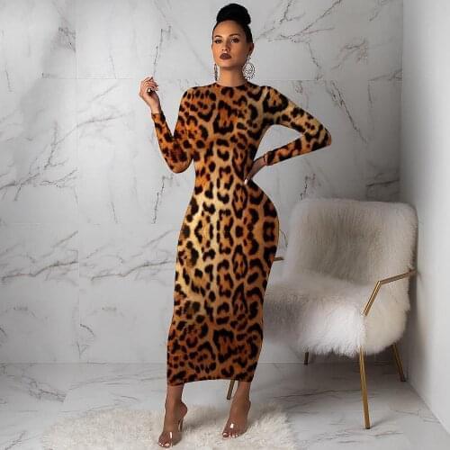 Sexy Leopard Long Sleeve Long Dress Women Skinny Party Club Maxi Dresses Vintage Bodycon Ladies Outfits for Autumn Spring
