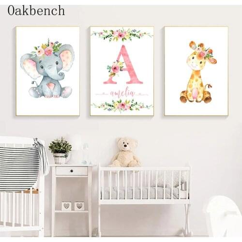 Elephant Deer Posters Custom Name Canvas Painting Nursery Wall Art Print Baby Poster Nordic Wall Pictures Kids Room Decoration