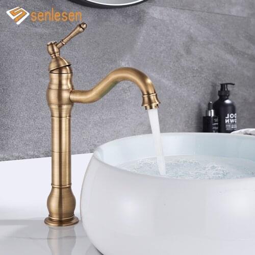 Senlesen Bathroom Basin Faucet Vanity Sink Mixer Antique Brass Tap Hot & Cold High Faucet Deck Mounted Brass