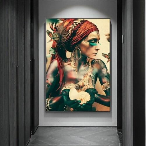 Modern Minimalist Colorful Butterfly and Tattooed Beauty Holding A Conch Oil Painting Prints Wall Pictures for Living Room