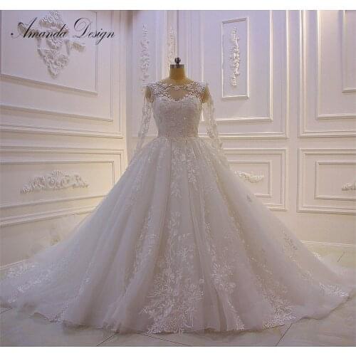 Amanda Design abiti da sposa Long Sleeve Lace Applique Luxury Long Train Wedding Dress