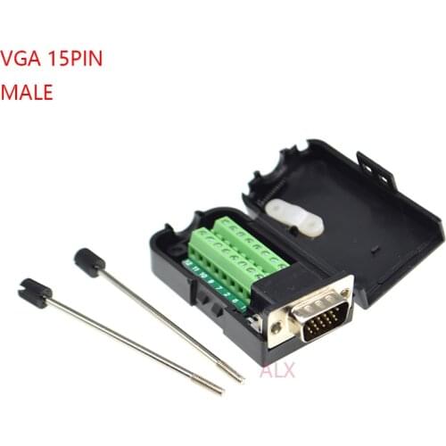 1PCS VGA VGA15 DB15 15PIN 3 ROW male plug connector to screw terminal adapter with black shell D-SUB wire cable free solder diy