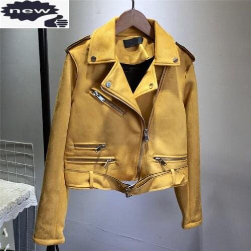 Women Motor Biker Leather Belted Slim Fit Short Faux Suede Outwear Coat Ladies Colors Casual Punk Streetwear Jacket