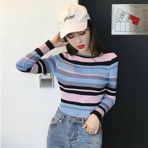 2019 Spring autumn wild striped bottoming shirt low round neck long-sleeved sweater womens shirt Slim thin sweater womens
