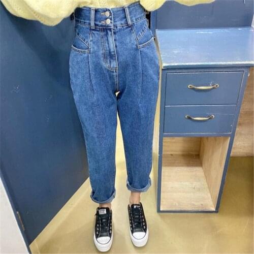 2021 Casual Blue Double Button High Waist Jean Pants Women Harem Pant Autumn Winter Streetwear Loose Female Denim Jeans P173