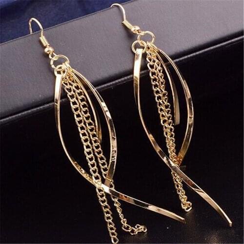 Vintage Gold Color Bar Long Thread Tassel Drop Earrings for Women Glossy Arc Geometric Korean Earring Fashion Jewelry 2020 New