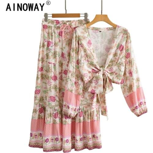 Vintage chic Women two piece outfits deep v-neck sashes tops Bohemian Drawstring maxi skirts 2 pieces rayon cotton Boho sets