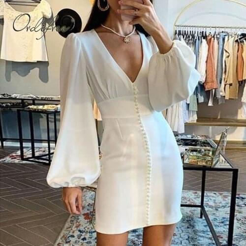 Ordifree 2020 Autumn Women Mini Party Dress Long Sleeve Beading Sexy Bodycon Short White Pencil Dress