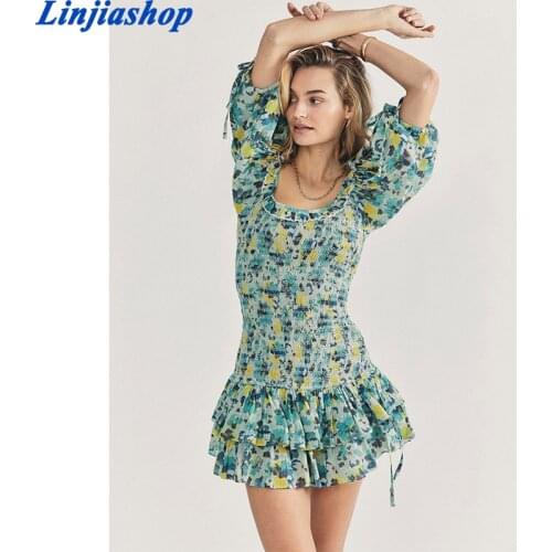 Women Sweet Agaric Lace Floral Print Pleated Slim Dress Prairie Chic Female Puff Sleeve Vestido Ruffles Mini Dress