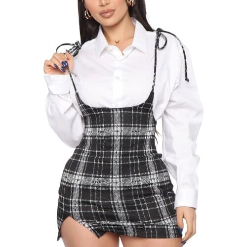 Women Sexy Plaid Dress, Adults Side Slit Tie Up Mini One-piece with Spaghetti Straps Skirts