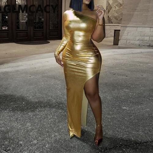 Women One Shoulder Metallic Dress Sexy Bodycon Slit Evening Party Dress