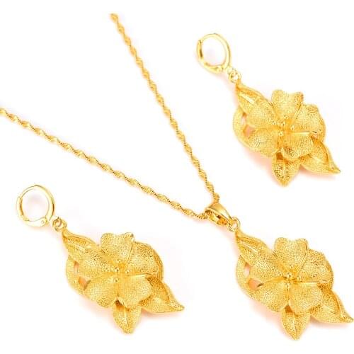 Gold african New Brides big Flower Pendant earrings Statement Necklace Jewelry Sets for women girls party Romantic fine gifts