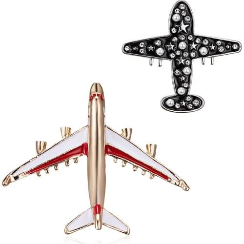 2 Style Cute Airplane Pearl Rhinestone Enamel Metal Alloy Brooches High Quality Aircraft Model Party Suit Clothes Clips Brooches