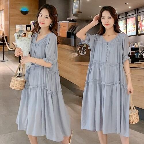 Plus Size Pregnant Women Summer Chiffon Stitching Breastfeeding Dress Short Lantern Sleeve V-neck Button Nursing Dress Lactation